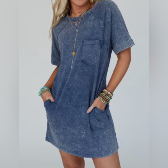 Very J Mineral Washed Navy Blue Pocket Tee T-Shirt Mini Dress Size Large - Picture 2 of 7